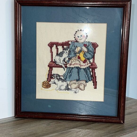 Needlepoint Artwork of Girl With Cats 13" x 10" Framed & Matted grant core - Picture 1 of 8